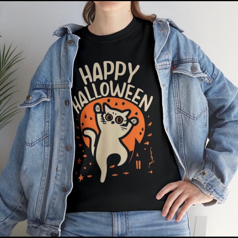 Black Unisex Medium Halloween Kitty Cat T-Shirt